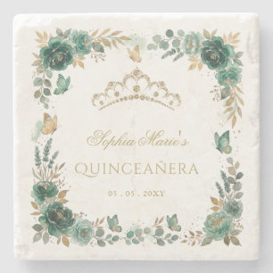 Floral Butterfly  Emerald Gold Tiara Quinceañera Stone Coaster