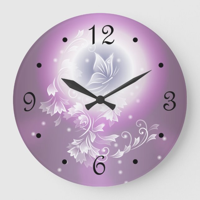 Floral Butterfly Fantasy Purple Large Clock (Front)