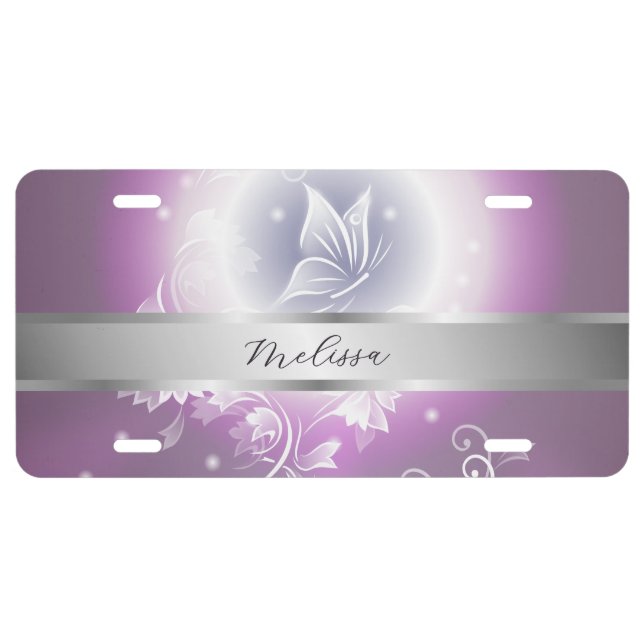 Floral Butterfly Fantasy Purple Your Name License Plate (Front)