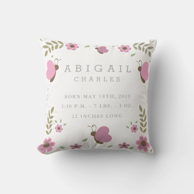 Floral Butterfly Garden Baby Stats Nursery Pillow (Front)