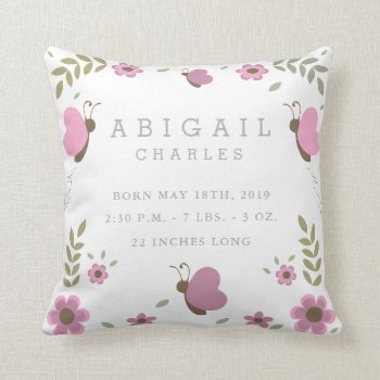 Floral Butterfly Garden Baby Stats Nursery Pillow by OS_Designs at Zazzle