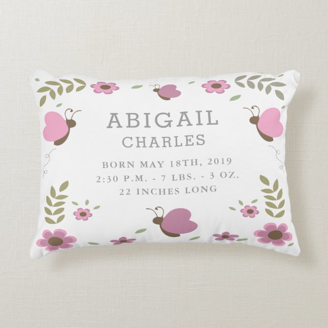 Floral Butterfly Garden Birth Stats Nursery Pillow (Front)