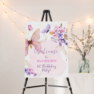 Floral Butterfly Garden Pink Girl Birthday Welcome Foam Board