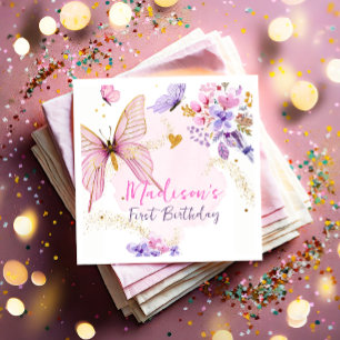 Floral Butterfly Garden Pink Purple Girl Birthday Napkins