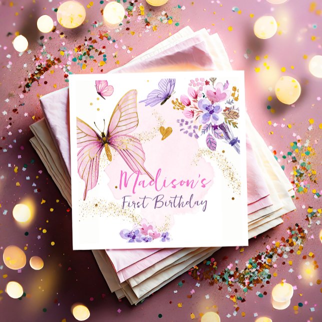 Floral Butterfly Garden Pink Purple Girl Birthday Napkins (Creator Uploaded)