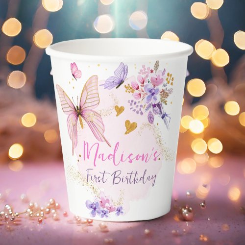 Floral Butterfly Garden Pink Purple Girl Birthday Paper Cups