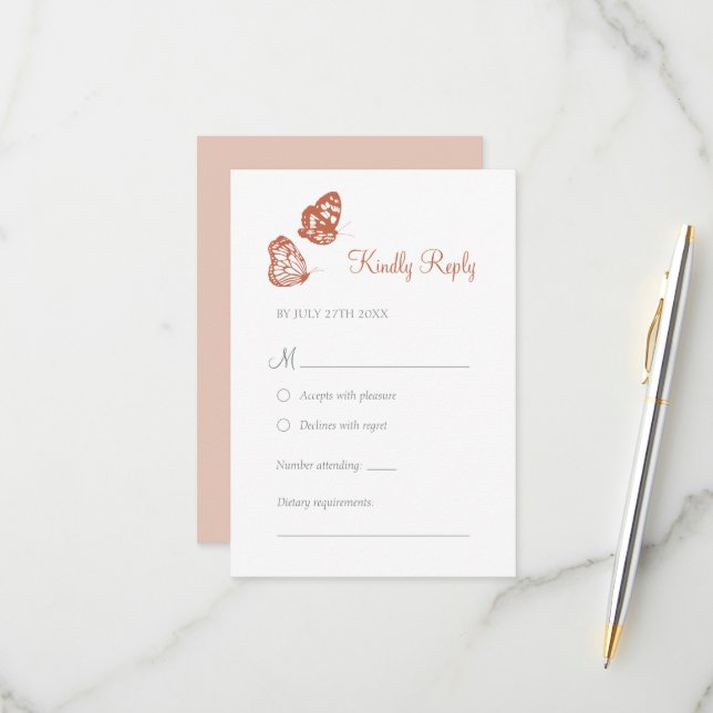 Floral Butterfly Garden Terracotta Boho Wedding RSVP Card (Front/Back In Situ)