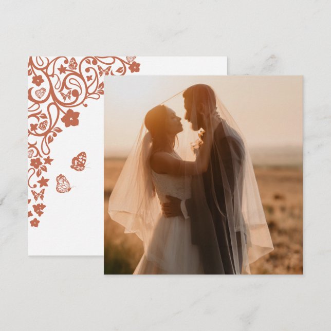 Floral Butterfly Garden Terracotta Square Photo Thank You Card (Front/Back)