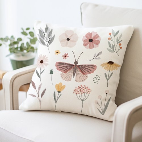 Floral Butterfly Garden Theme Nature Inspired Throw Pillow