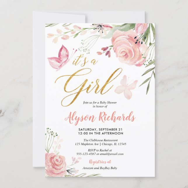 Floral butterfly girl baby shower invitation (Front)