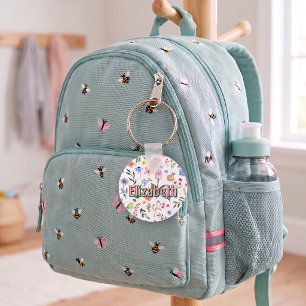 Floral Butterfly Girl Personalized School Bag Tag Keychain