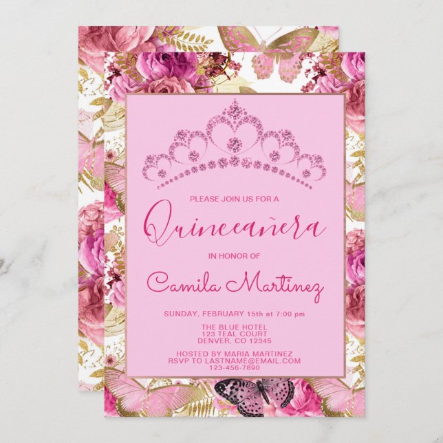 Floral Butterfly Girly Pattern Quinceanera Party Invitation (Front/Back)