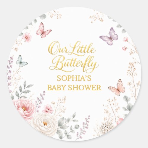 Floral Butterfly Gold Baby Shower Classic Round Sticker