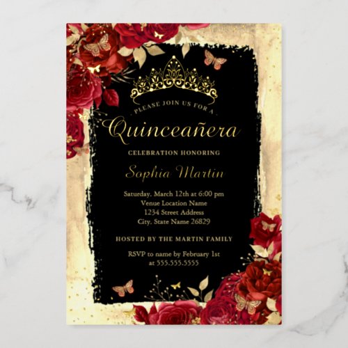 Floral Butterfly Gold Red Black Quinceanera Foil Invitation