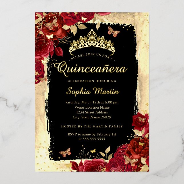 Floral Butterfly Gold Red Black Quinceanera Foil Invitation (Front)