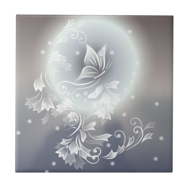 Floral Butterfly Gray Blue Animal Fantasy Ceramic Tile (Front)