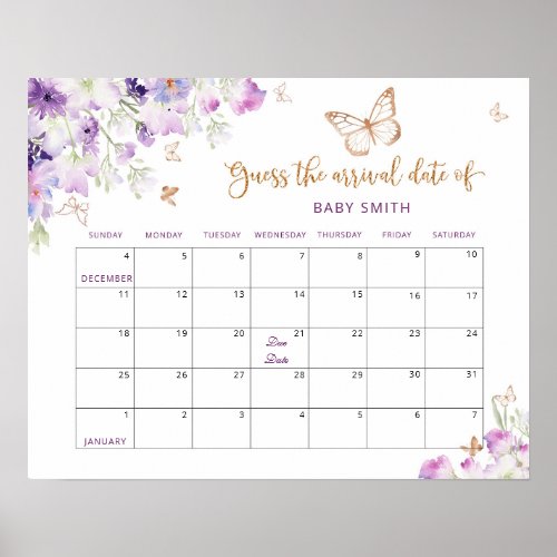 Floral butterfly Guess the due Date calendar Poster