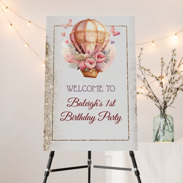 Floral Butterfly Hot Air Balloon Birthday Sign  (In Situ (Stand))