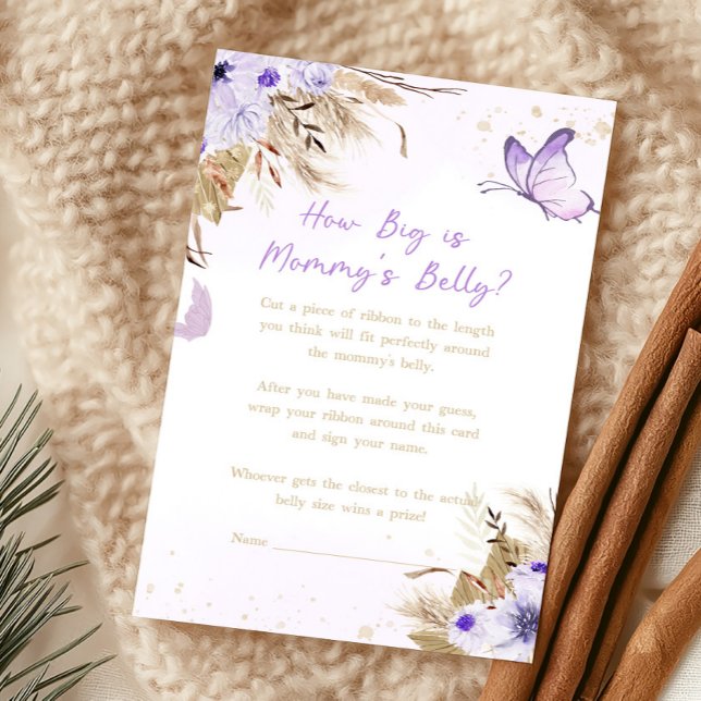 Floral Butterfly How Big Mommy's Belly Game (Purple Baby Shower How Big Is Mommy's Belly Game)