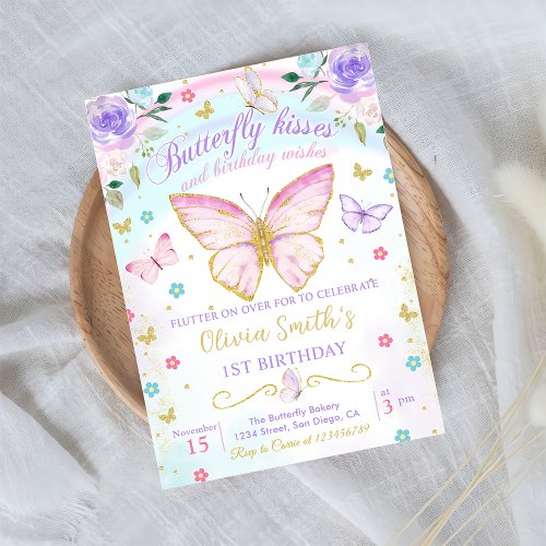 Floral Butterfly Kisses and Birthday Wishes Invitation