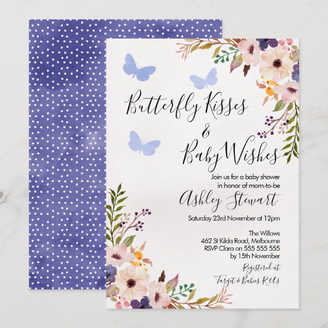Floral Butterfly Kisses Baby Shower Invitation Boy (Front/Back)