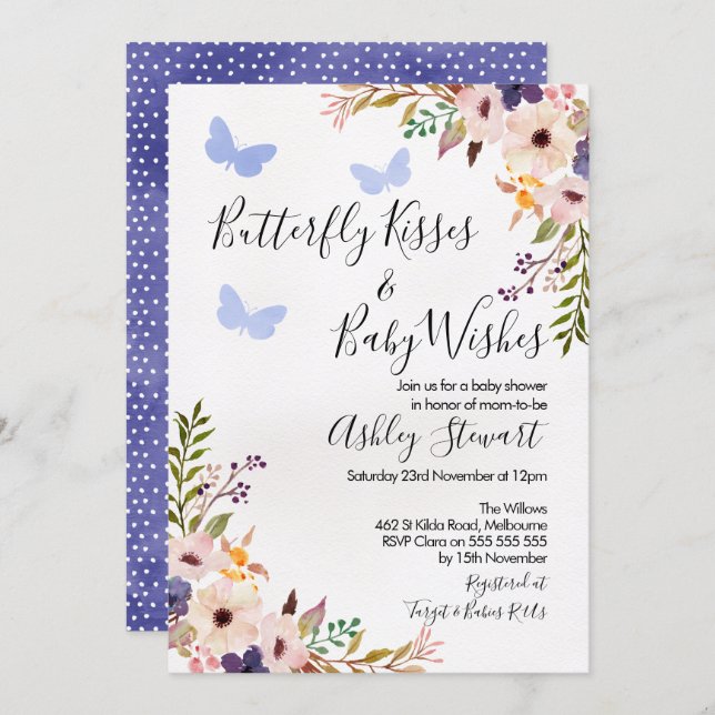 Floral Butterfly Kisses Baby Shower Invitation Boy (Front/Back)