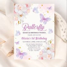 Floral Butterfly Kisses Purple Girl Birthday 