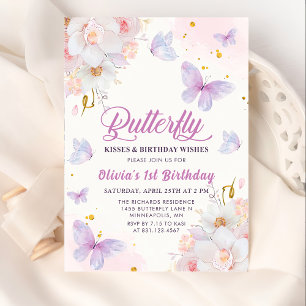 Floral Butterfly Kisses Purple Girl Birthday  Invitation
