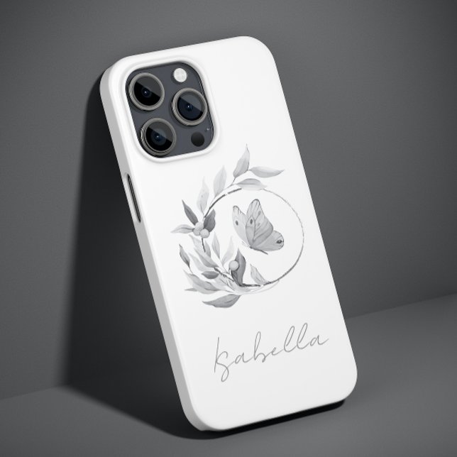Floral Butterfly Monochrome Simple Stylish Name Case-Mate iPhone Case (Creator Uploaded)