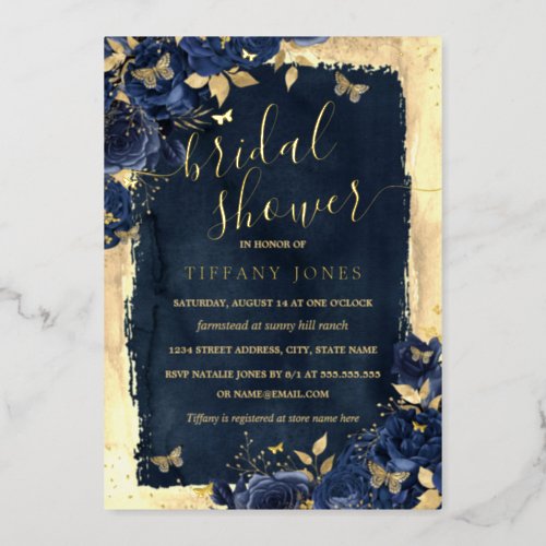 Floral Butterfly Navy Gold Bridal Shower  Foil Invitation