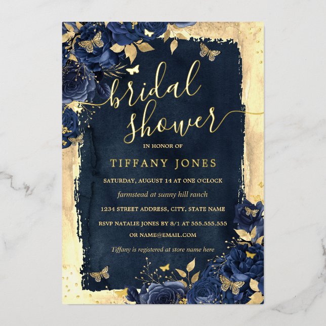 Floral Butterfly Navy Gold Bridal Shower  Foil Invitation (Front)