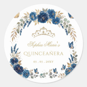 Floral Butterfly Navy Gold Tiara Quinceañera Classic Round Sticker