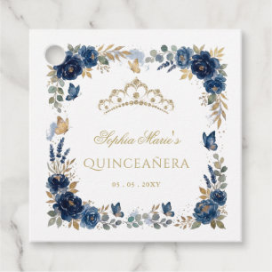 Floral Butterfly Navy Gold Tiara Quinceañera Favor Tags