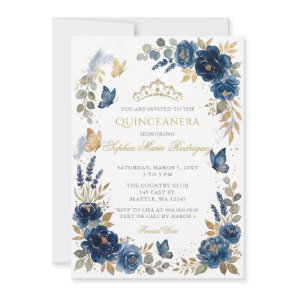 Floral Butterfly Navy Gold Tiara Quinceañera Invitation