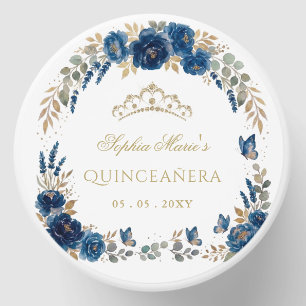 Floral Butterfly Navy Gold Tiara Quinceañera Mini Candle Favors
