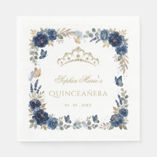 Floral Butterfly Navy Gold Tiara Quinceañera Napkins