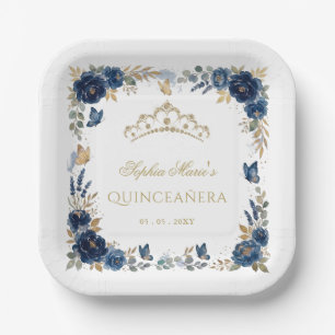 Floral Butterfly Navy Gold Tiara Quinceañera Paper Plates