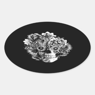 Floral Butterfly Ohm skull illustration in black Oval Sticker