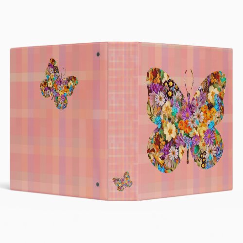 Floral Butterfly on Pink Plaid Vintage Stripes 3 Ring Binder