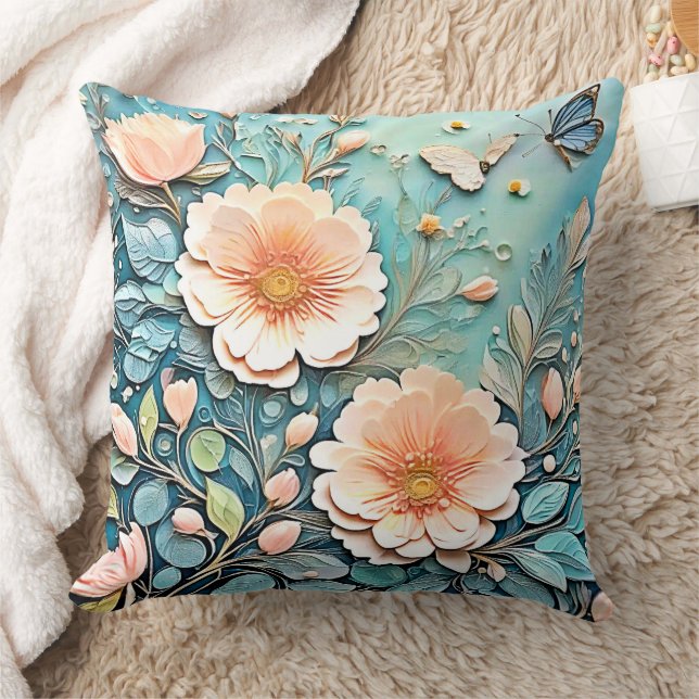 Floral Butterfly Pastel Art Throw Pillow (Blanket)