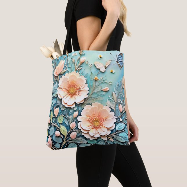 Floral Butterfly Pastel Art Tote Bag (Close Up)