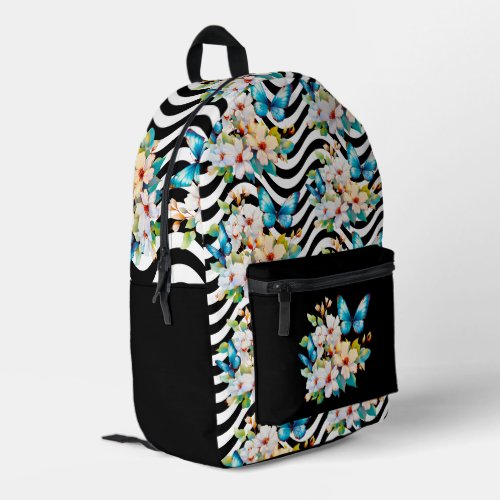 Floral Butterfly Pattern Black White Wavy Stripes Printed Backpack