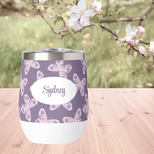 Floral Butterfly Patterned Personalized Thermal Wine Tumbler