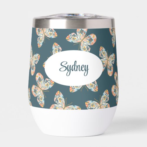 Floral Butterfly Patterned Personalized Thermal Wine Tumbler