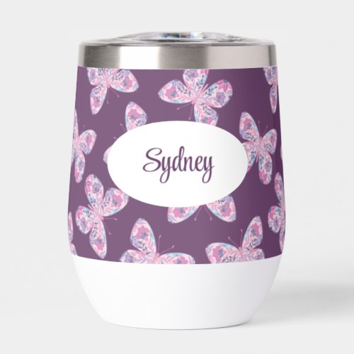 Floral Butterfly Patterned Personalized Thermal Wine Tumbler