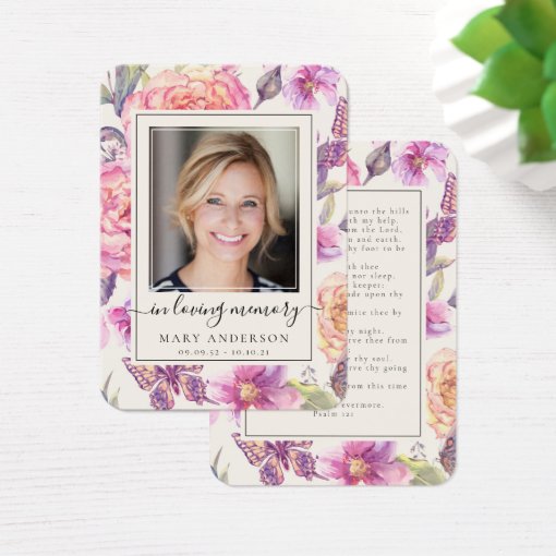 Floral Butterfly Photo Memorial Prayer Card | Zazzle