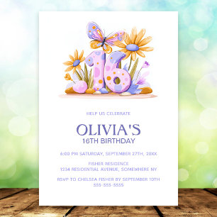 Floral Butterfly Pink Purple 16th Birthday Party Invitation