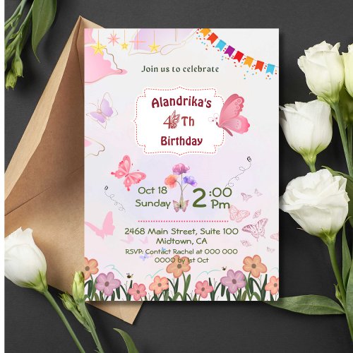 Floral butterfly pink  white 4th modern birthday invitation