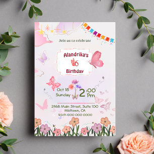 Floral butterfly pink & white 5th modern birthday invitation