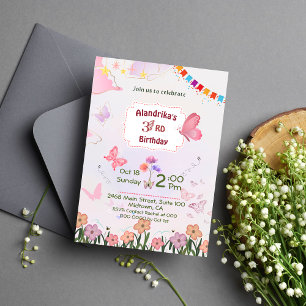 Floral butterfly pink & white cute 3rd birthday invitation